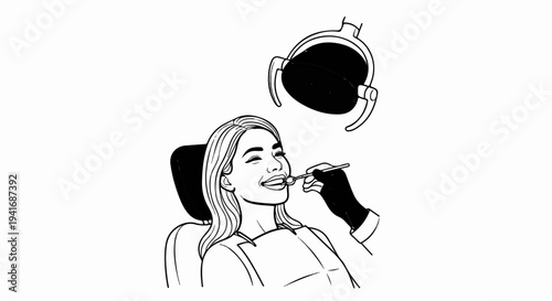 Patient smiles at dentist's chair under bright examination lamp during dental checkup