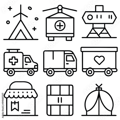A collection of vector style Icons for humanitarian aid and support: camping tent, medical transport, ambulance, airdrop packages and medical tents.