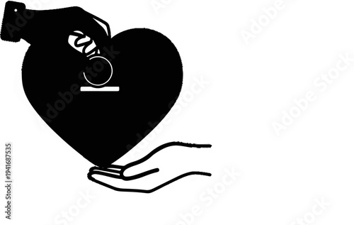 Giving a coin to a heart held by hands