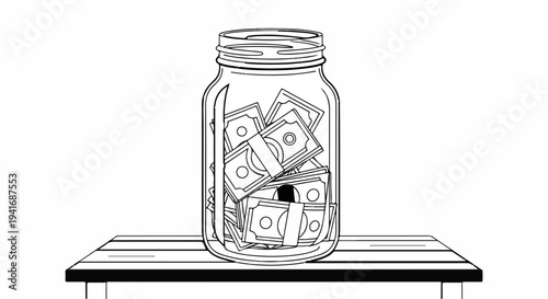 Glass jar filled with bundled banknotes sitting on a wooden table