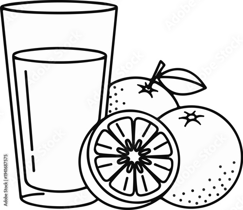 Glass of fresh citrus juice with whole and sliced oranges