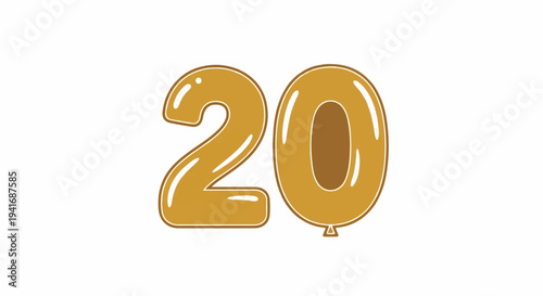 Gold balloons shaped like the number twenty on a white background