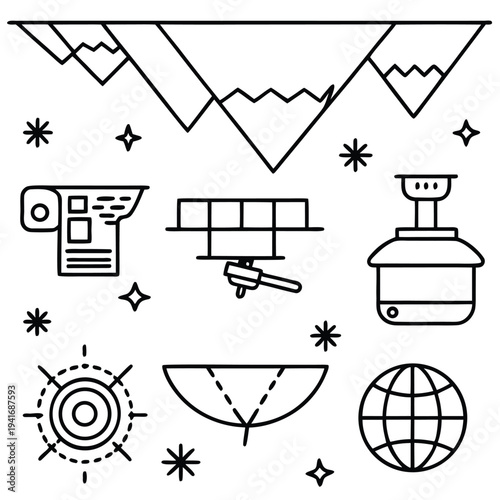 An artistic collection of mountain and travel icons, embodying the spirit of outdoor adventures and globetrotting exploration.