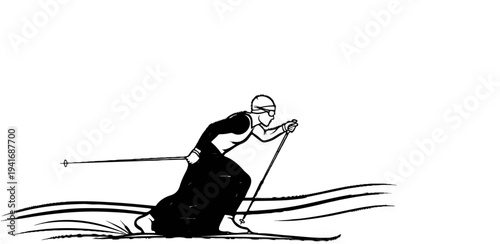 Graphic sketch of a cross-country skier in motion on snowy terrain