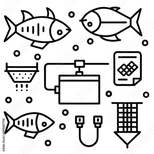 An illustrated design depicts key elements associated with fishing, representing the various stages and tools of the practice.