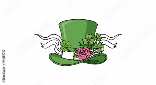 Green leprechaun hat adorned with shamrocks and a pink rose
