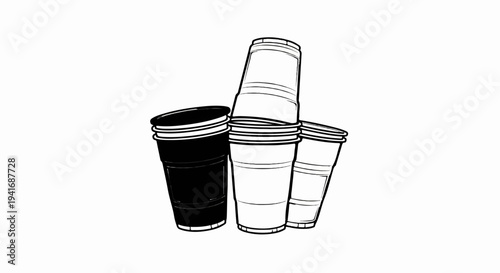 Group of stacked disposable cups, one black, others outlined