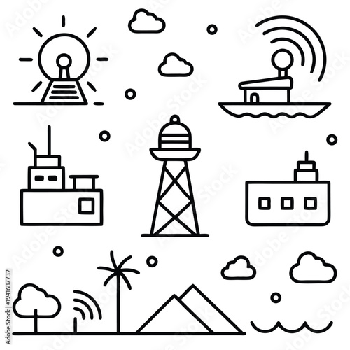 Maritime icons create a digital illustration with a clean graphic style, offering a visual vocabulary of essential elements. 