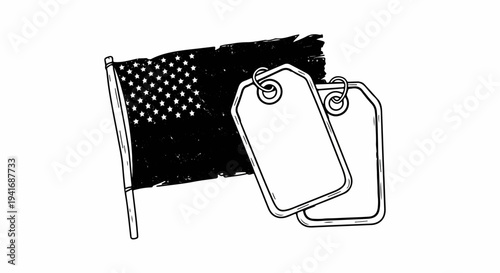 Grungy American flag with two dog tags on a pole