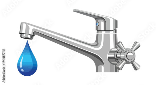 A shiny chrome faucet with a single drop of clear water falling