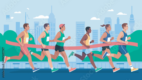 A group of diverse athletes running together in a city marathon with a red finish line ribbon