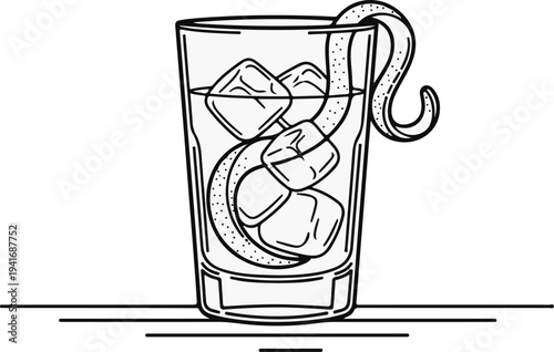 Hand drawn line art of a refreshing drink with ice and citrus peel garnish