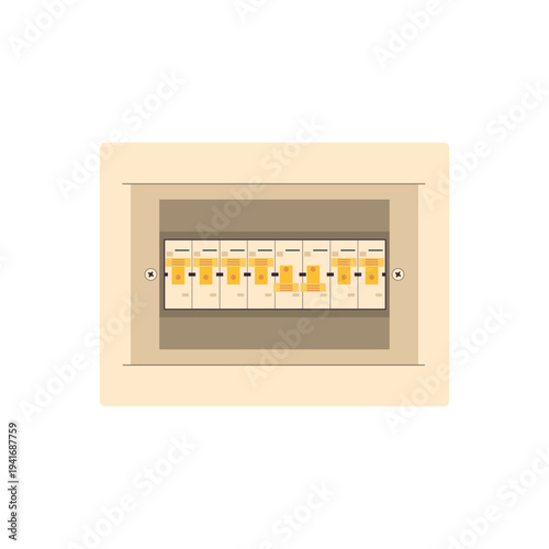 Electrical fuse box panel illustration with circuit breakers. Home electricity distribution board isolated on background for power supply, maintenance, engineering and safety concepts.
