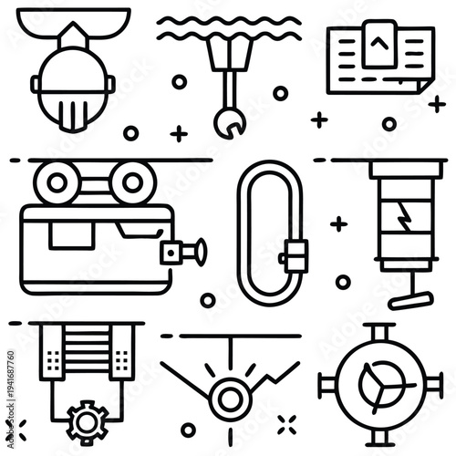 Engineering components in a minimalist black and white art form, capturing the essence of technological design and functionality.