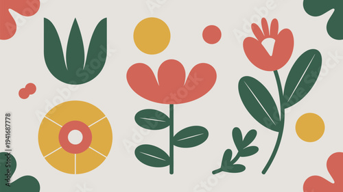 A vibrant and colorful illustration of flowers and leaves on a beige background