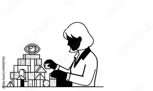 Person building tower of blocks with an eye on top