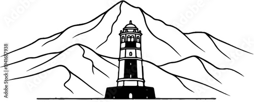 Iconic lighthouse stands tall against a backdrop of majestic, stylized mountain peaks