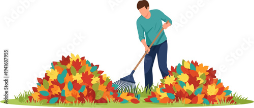 Man raking fallen autumn leaves into piles on the lawn