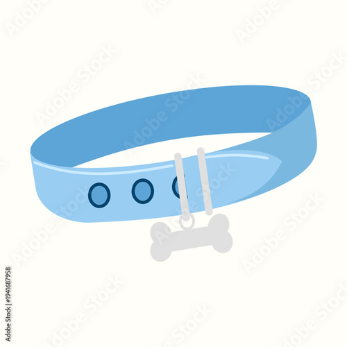 Blue dog collar with bone shaped tag in flat vector style.