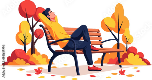 Man relaxes on a wooden bench among colorful autumn trees