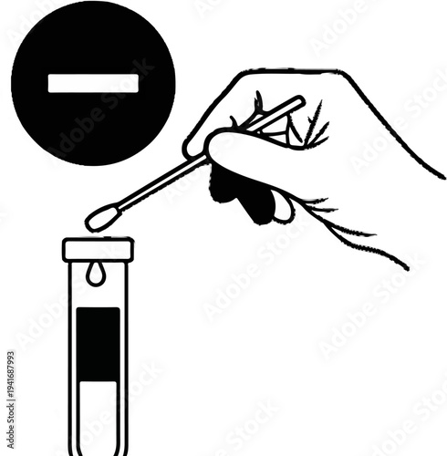 Hand holds swab above test tube, negative result symbol