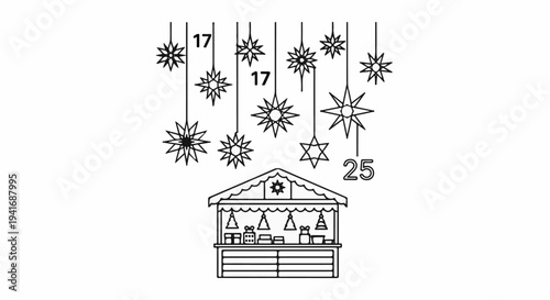 Festive stall with hanging star decorations and gift boxes, numbers indicate dates