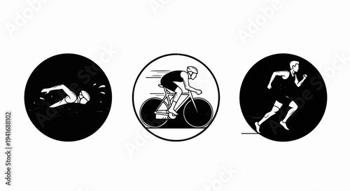 Icons depict swimming, cycling, and running, representing a triathlon