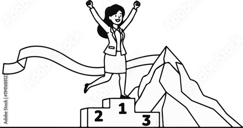 Person celebrating success on podium with mountain and ribbon