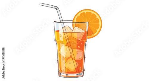 A refreshing glass of orange juice with ice and a citrus slice