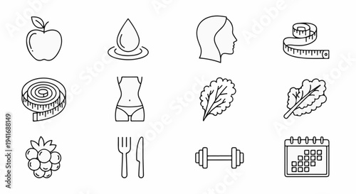Icons representing healthy lifestyle apple, water, profile, tape, body, leaves, fruit, cutlery, weight