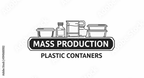 Illustrated containers line up above text for mass production of plastic containers