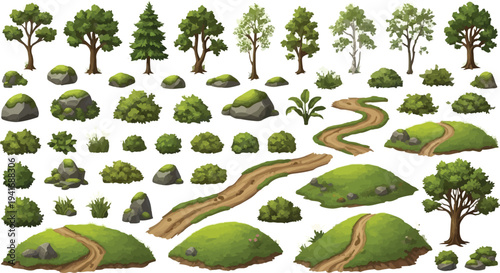 Set of 50+ Green Nature Elements Vector Illustration isolated PNG with Transparent Background