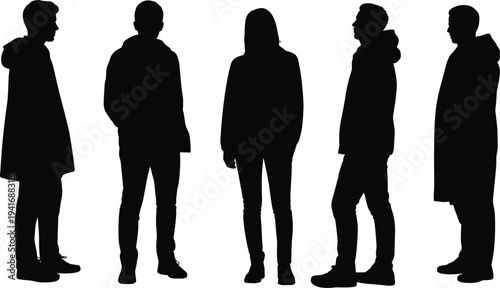 Black silhouette vector illustration of a diverse group of people celebrating with arms raised and standing together isolated on white background for success design