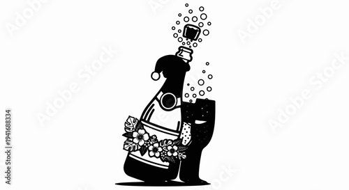 Festive bubbly celebration with a bottle, glass, and tropical adornments