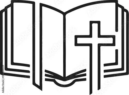 Open book with a cross symbol on the right page, line art