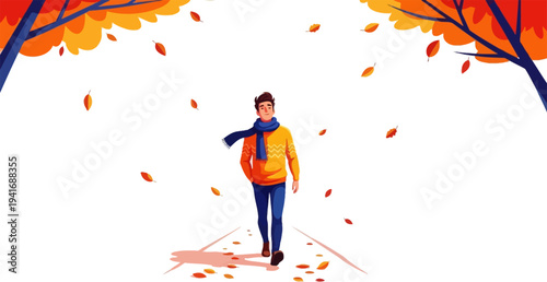 Man walking along path through falling autumn leaves