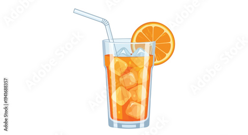 A refreshing glass of orange juice with ice and a straw
