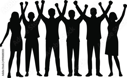 Black silhouette vector illustration of a diverse group of people celebrating with arms raised in success isolated on white background for business achievement design