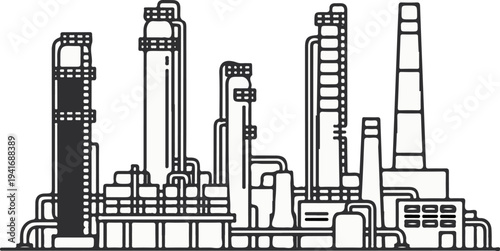 Industrial complex with tall towers, pipes, and structures under a white background