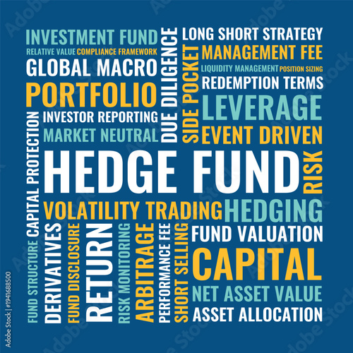 Hedge Fund Word Cloud Design for Poster, Wall Art, Investor Education Banner, Finance Classroom Decor. Hedge Fund modern blue finance typography