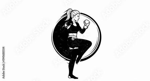 Female boxer in dynamic pose, black and white illustration