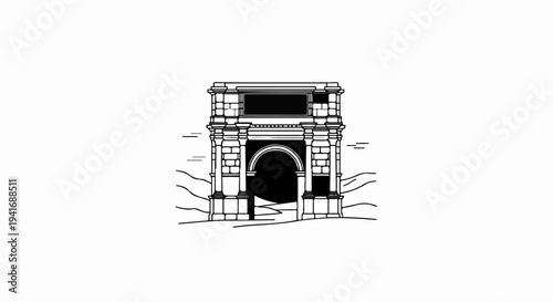 Ornate archway with stone blocks and curved ground