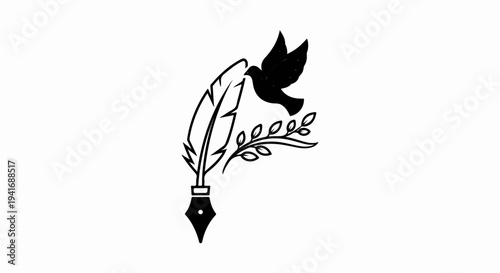 Feather pen with dove and olive branch symbol