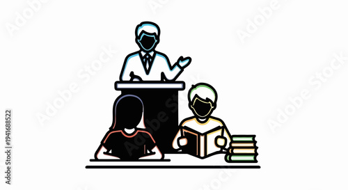 Instructor teaching two students with books at desks