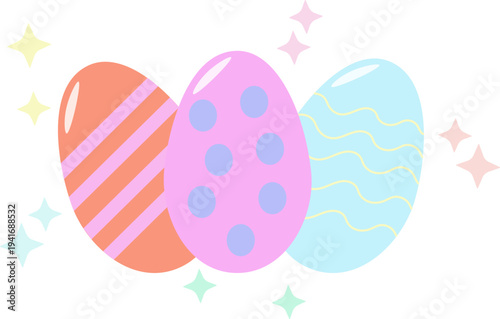 Minimal Easter illustration with three pastel decorated eggs and sparkling accents on white background. Cheerful seasonal design symbolizing spring celebration, renewal, and holiday tradition.