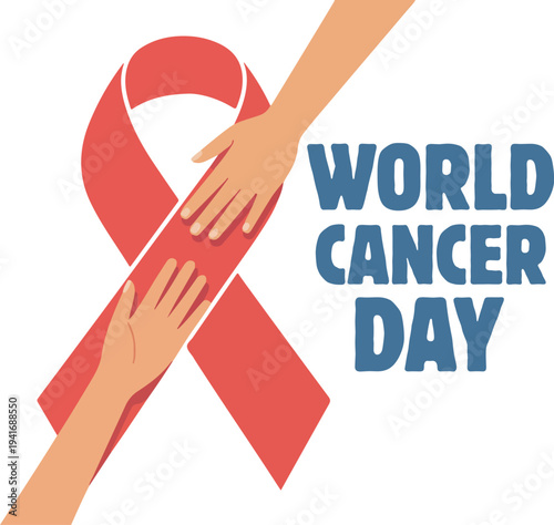 World cancer day awareness ribbon with hands showing support