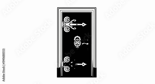 Ornate black door with detailed hardware and decorative scrollwork hinges