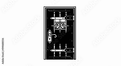 Ornate black door with detailed wrought iron hinges and handle