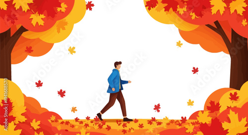 Man walking through autumn forest path