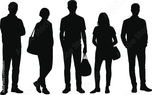 Black silhouette of diverse group of five people standing together with bags and casual clothes isolated on white background, urban crowd or community people.
